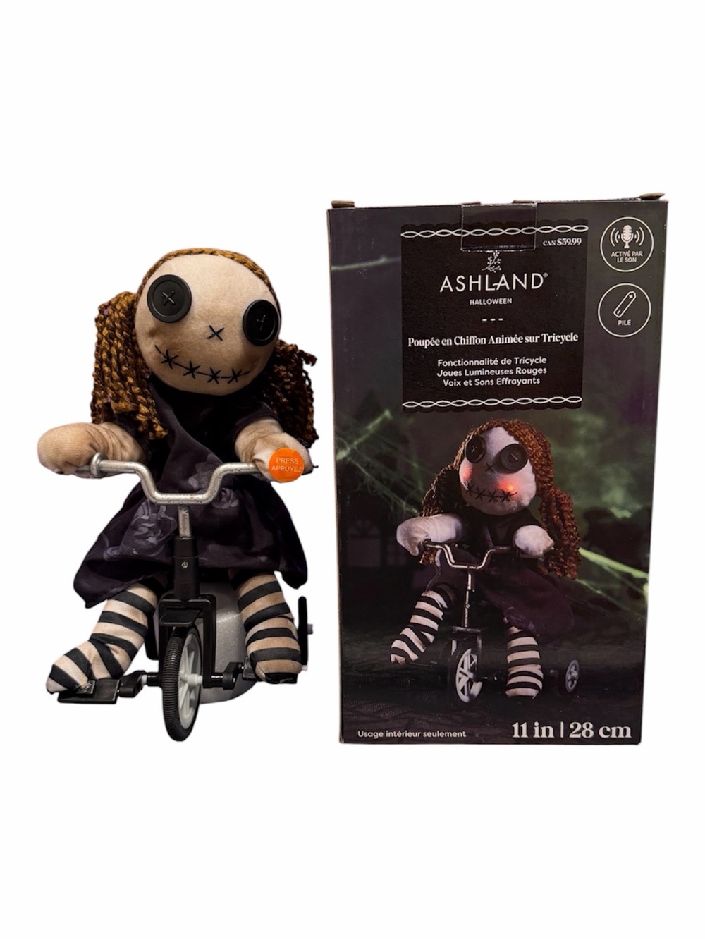 Ashland Halloween Animated Spooky Rag Doll on Tricycle 11" w/ Box